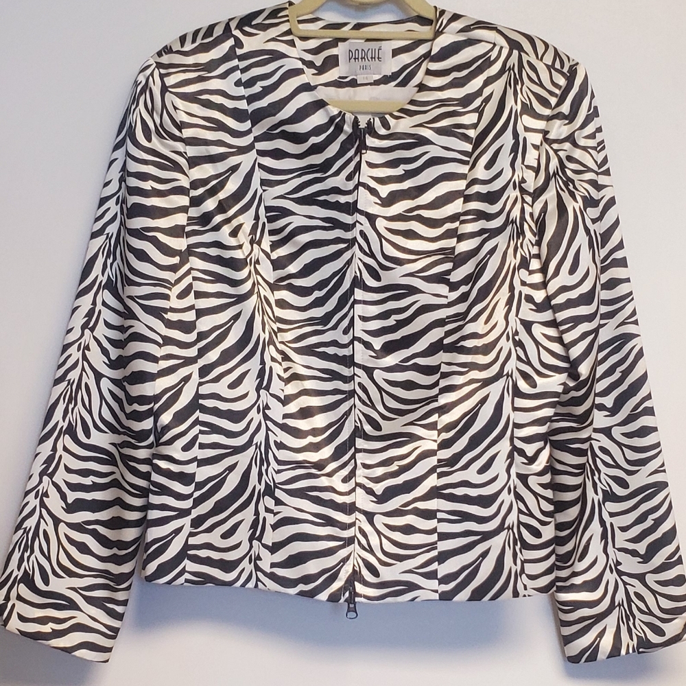 Vintage Parche Pairs Zebra Satin Zipper Blazer Jacket Size 14 Made in the USA - Picture 3 of 11